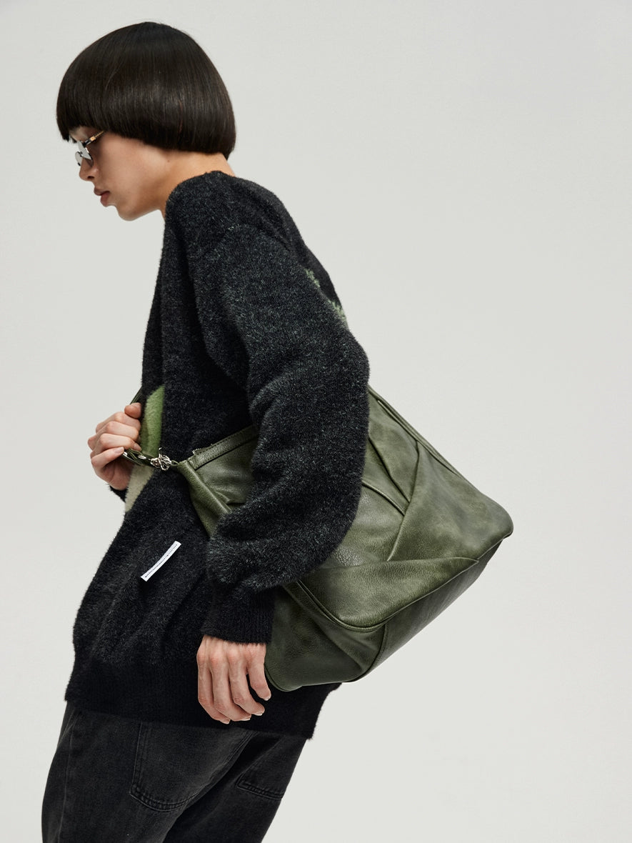 VINTAGE GREEN CRINKLED LEATHER SHOULDER BAG