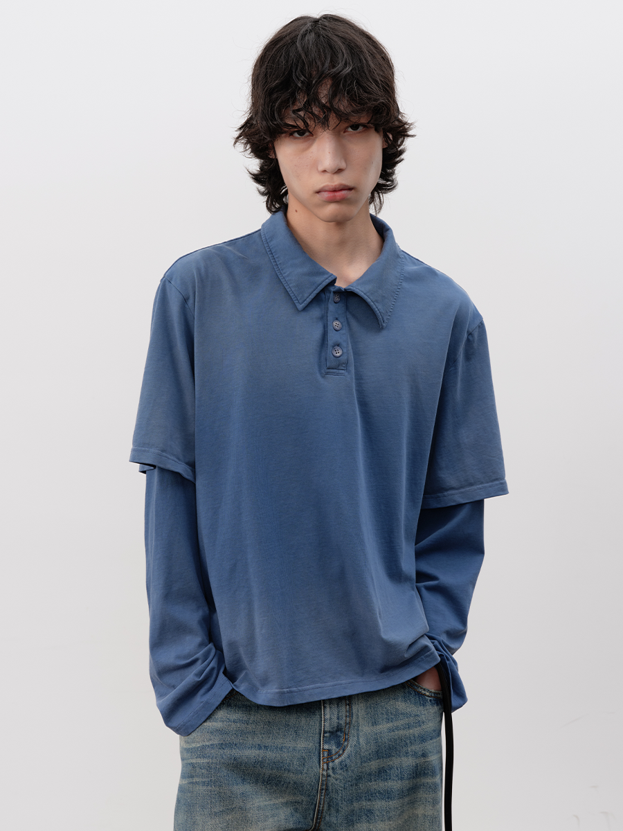 Washed Fake Layered POLO shirt