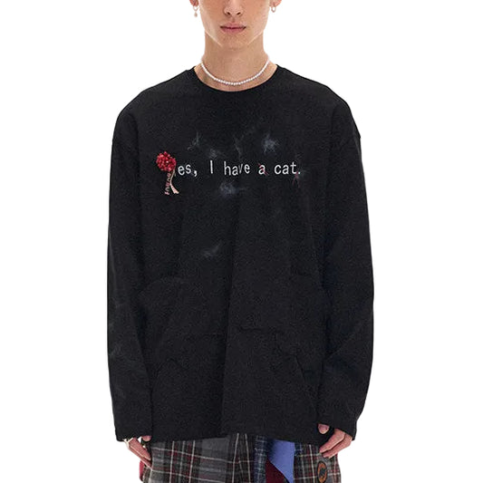 "I have a cat" loose dropped shoulder long-sleeve T-shirt