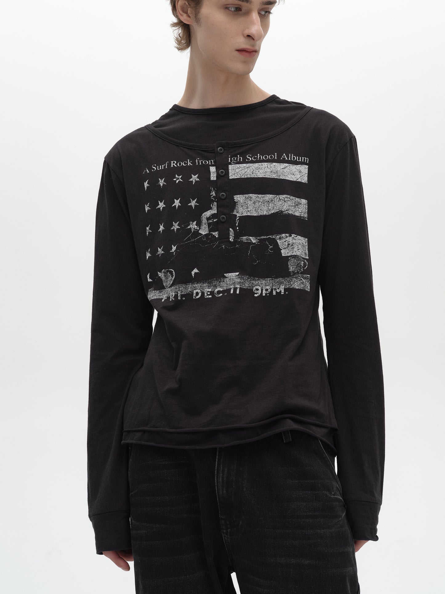 Button Collar Fake layered Star Chess Long Sleeve t-shirt