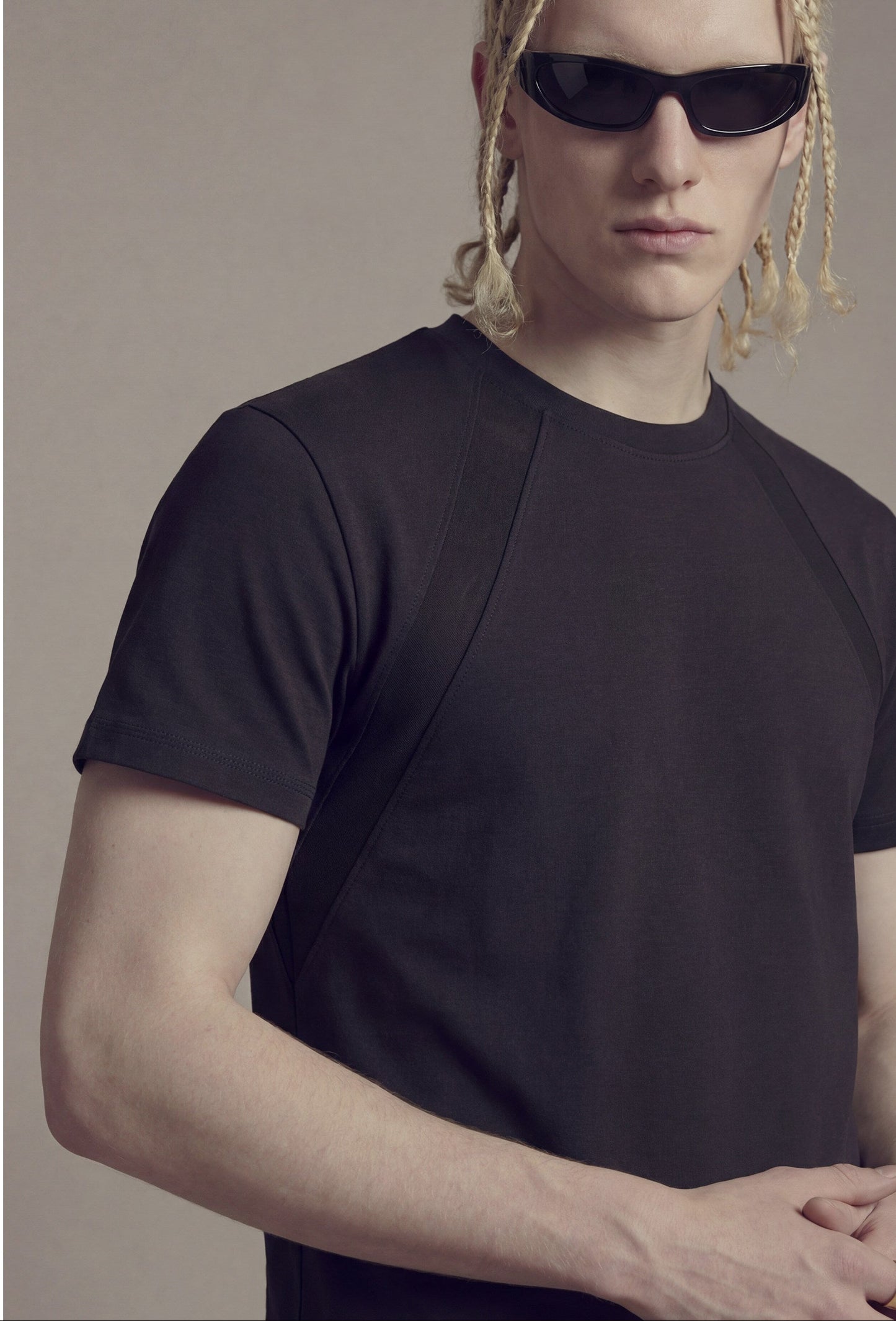 2-line patchwork short-sleeve T-shirt