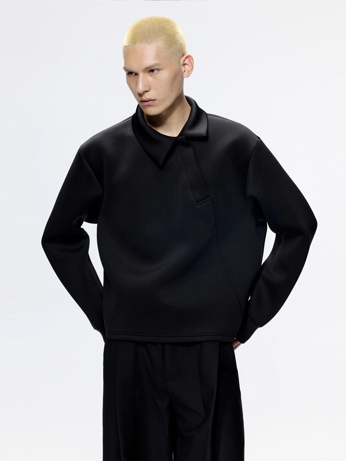 Slanted Neck Long Sleeve Polo Sweat Shirt