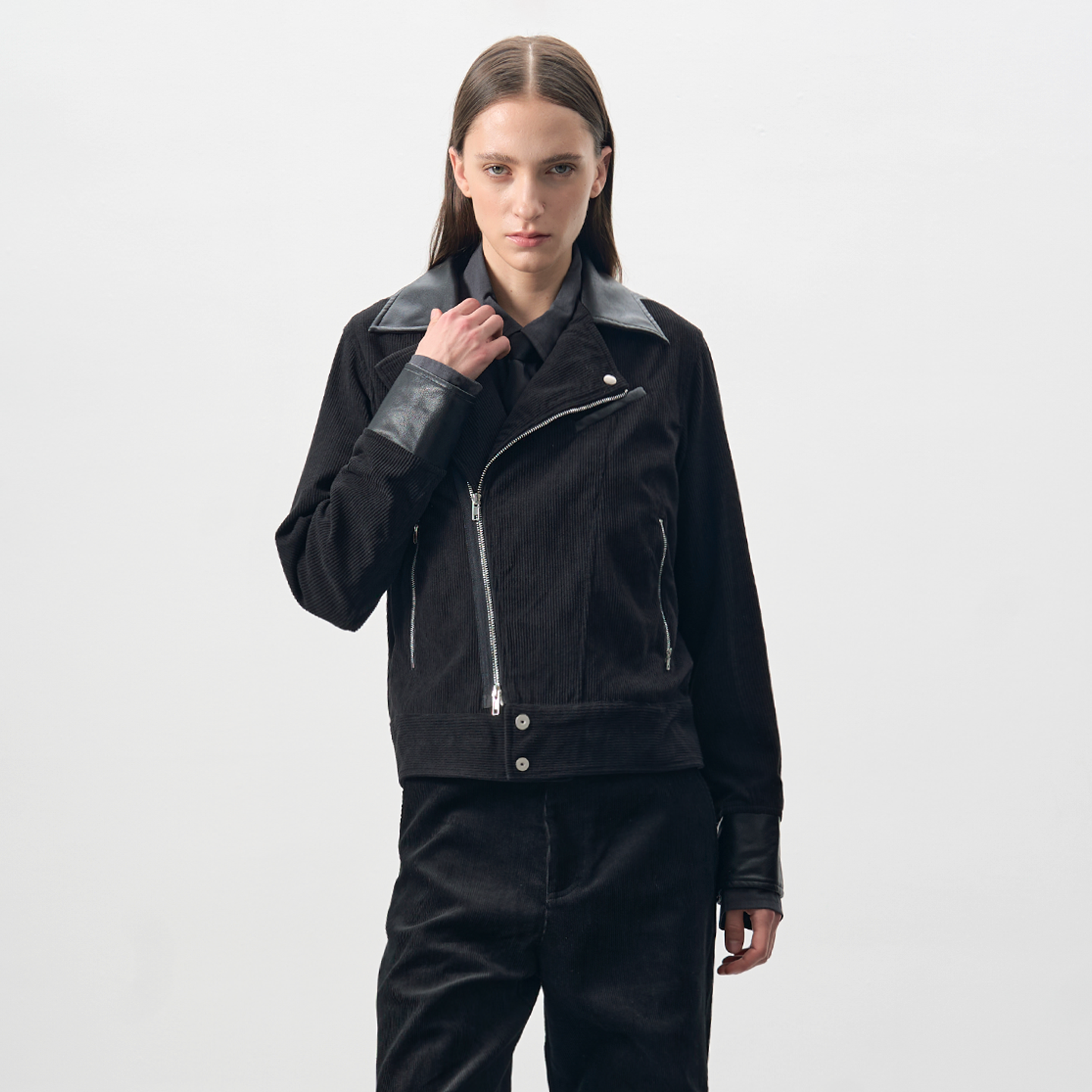 Corduroy patchwork cropped biker jacket