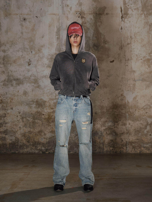 Roll Straight Ripped Patch Jeans