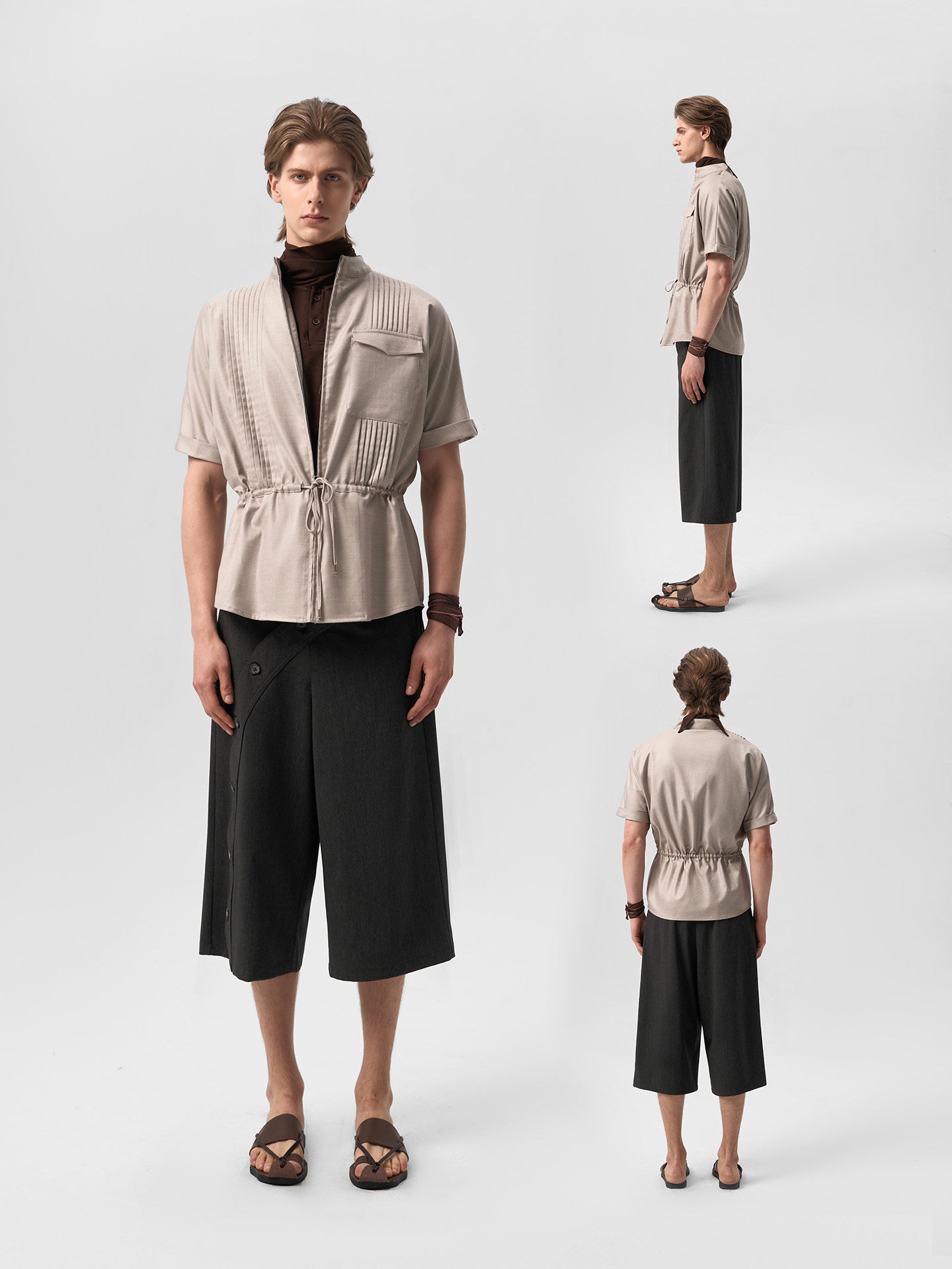 Gritty pleated zip short-sleeved shirt