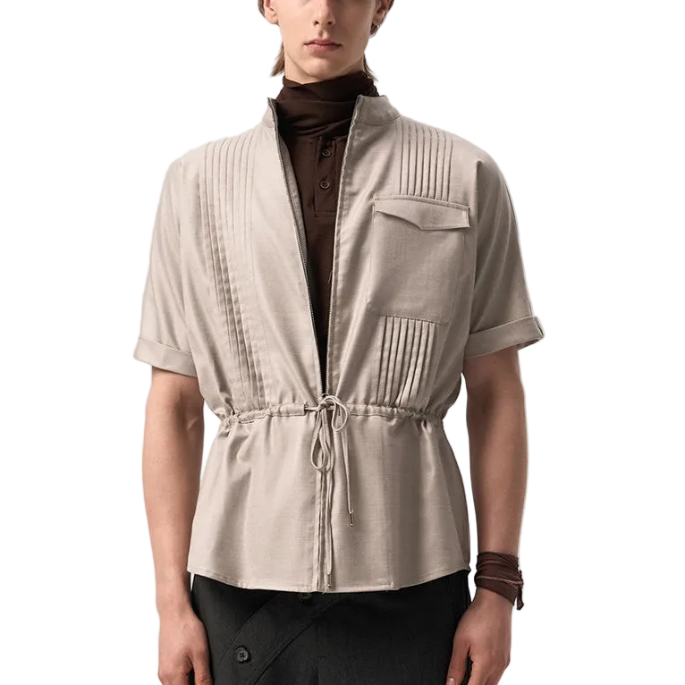 Gritty pleated zip short-sleeved shirt