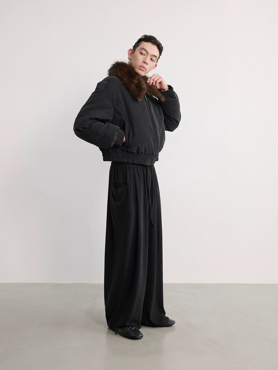 Distressed Wool Collar Down Jacket