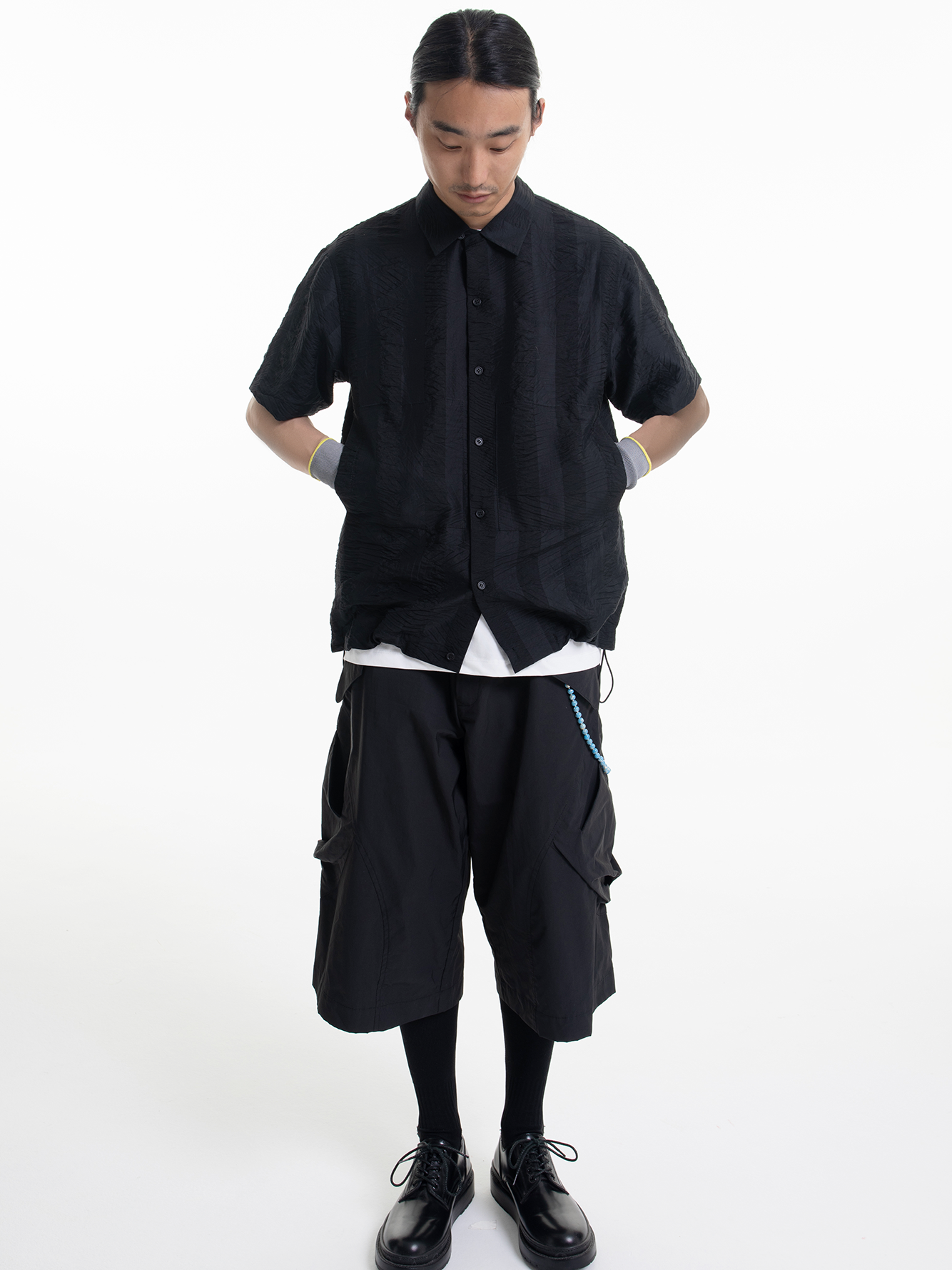Dark Stripes Pleated Short Sleeve Shirt
