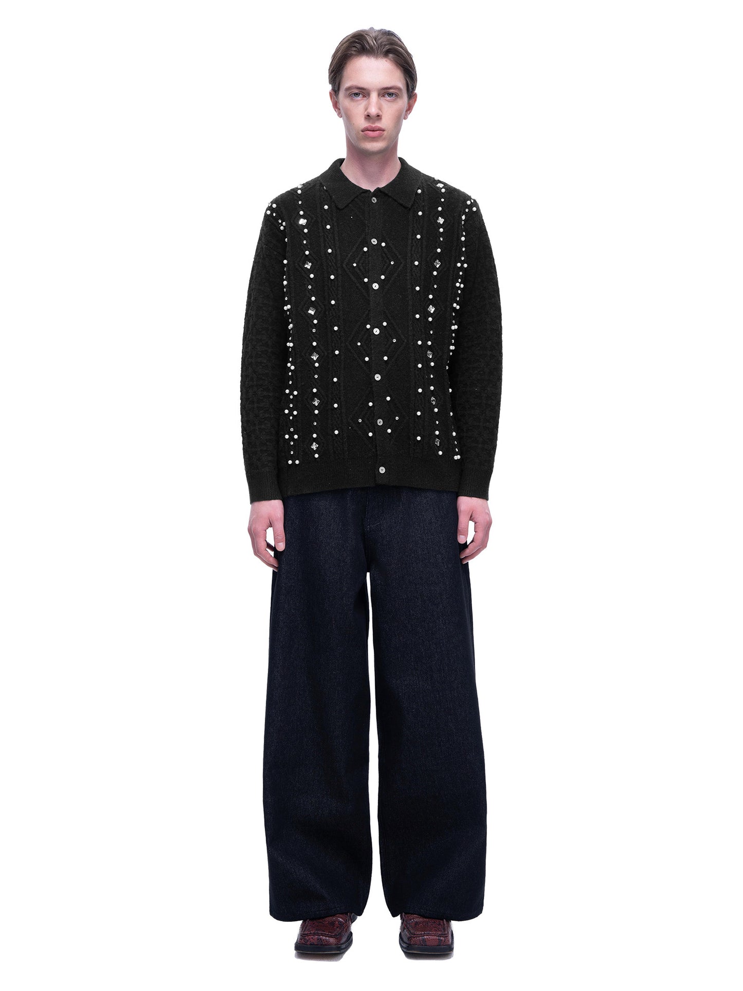 Moon pearl gemstone lapel sweater