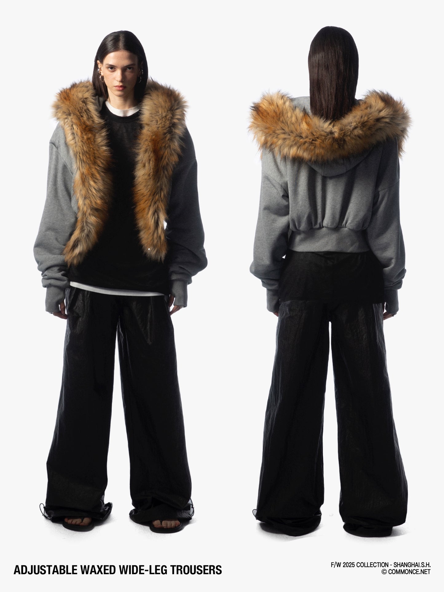 Drawstring elastic waist oil-coated wide-leg pants