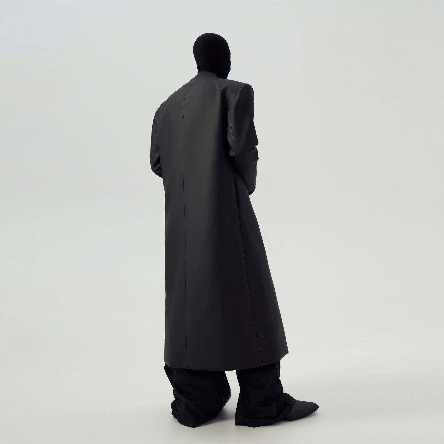 Matte Coated Padded Shoulder Long Trench Coat