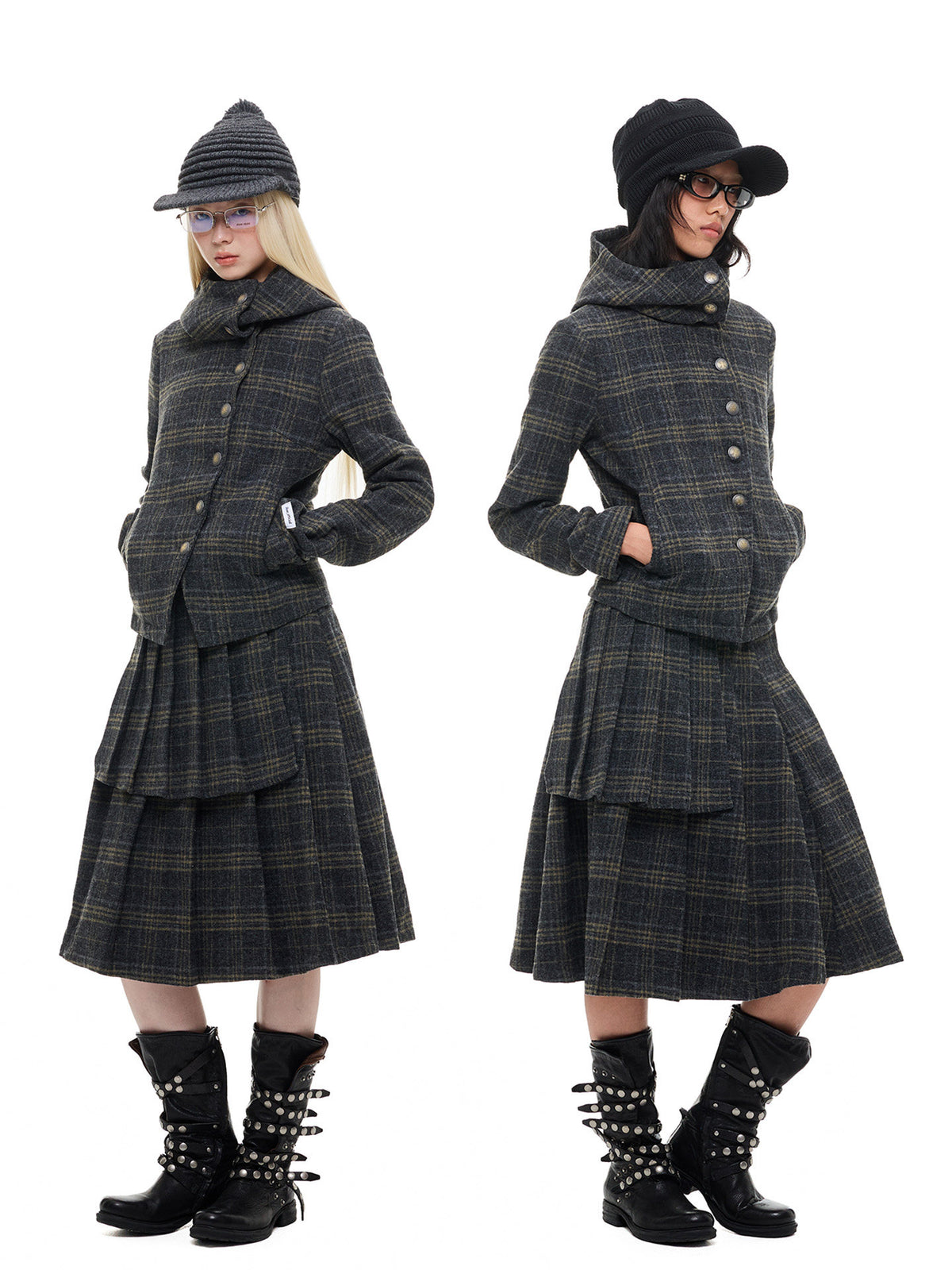 Wool Plaid Irregular Hooded Short Jacket