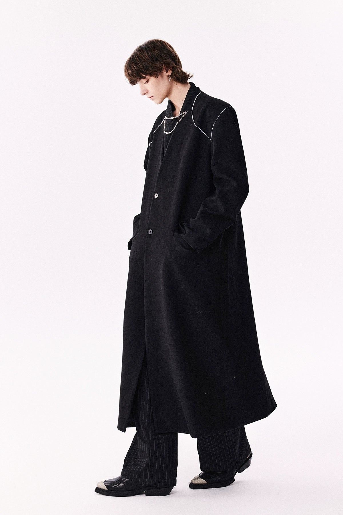 Wool Yoke Chain Padded Shoulder Heavy Coat