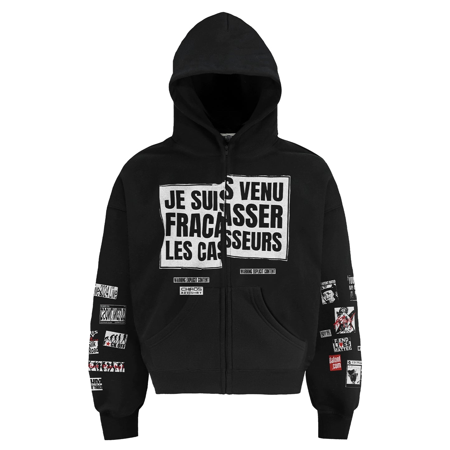 CSONLINEllc Sticker Distressed Print Fleece Heavy Zip Hoodie