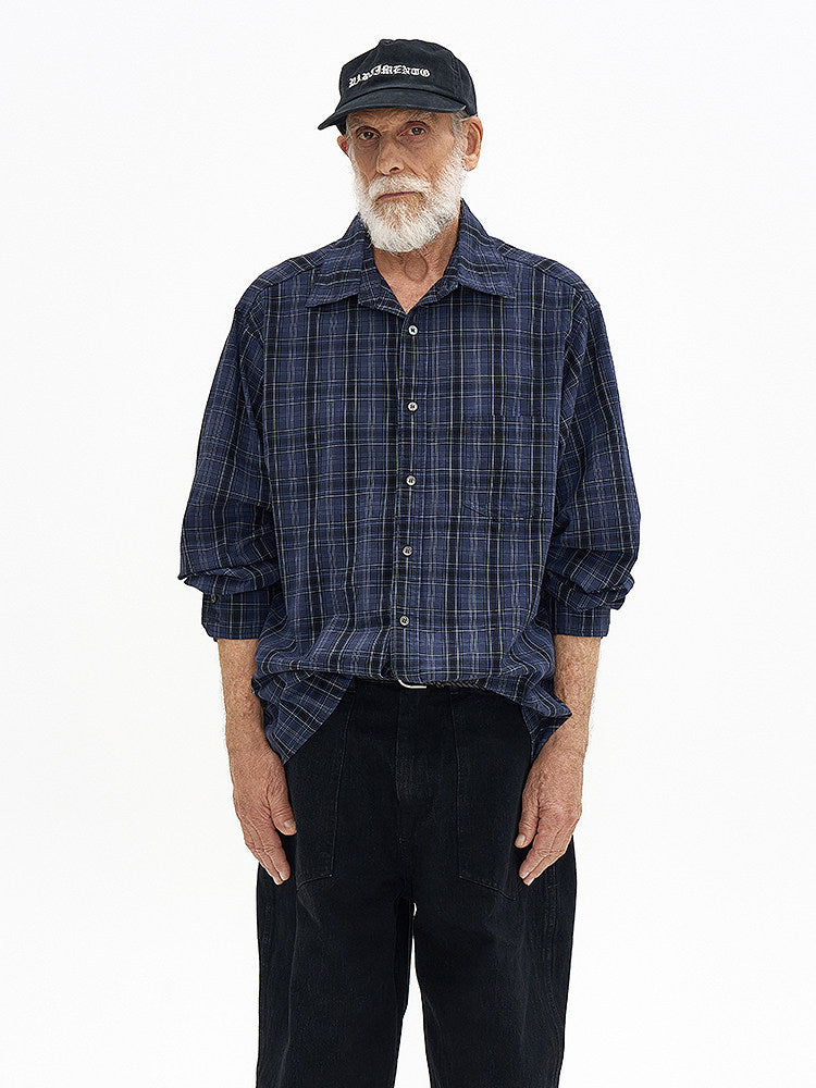 Washed plaid long-sleeved shirt