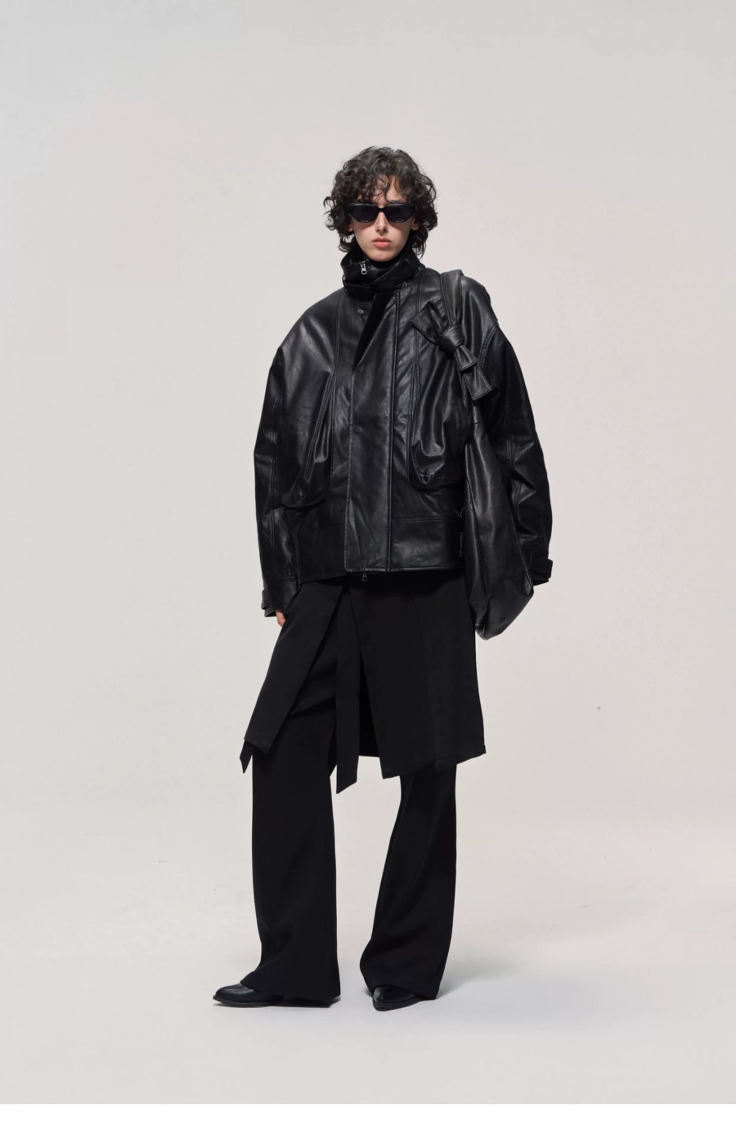 Washed Stand-Collar Leather Jacket