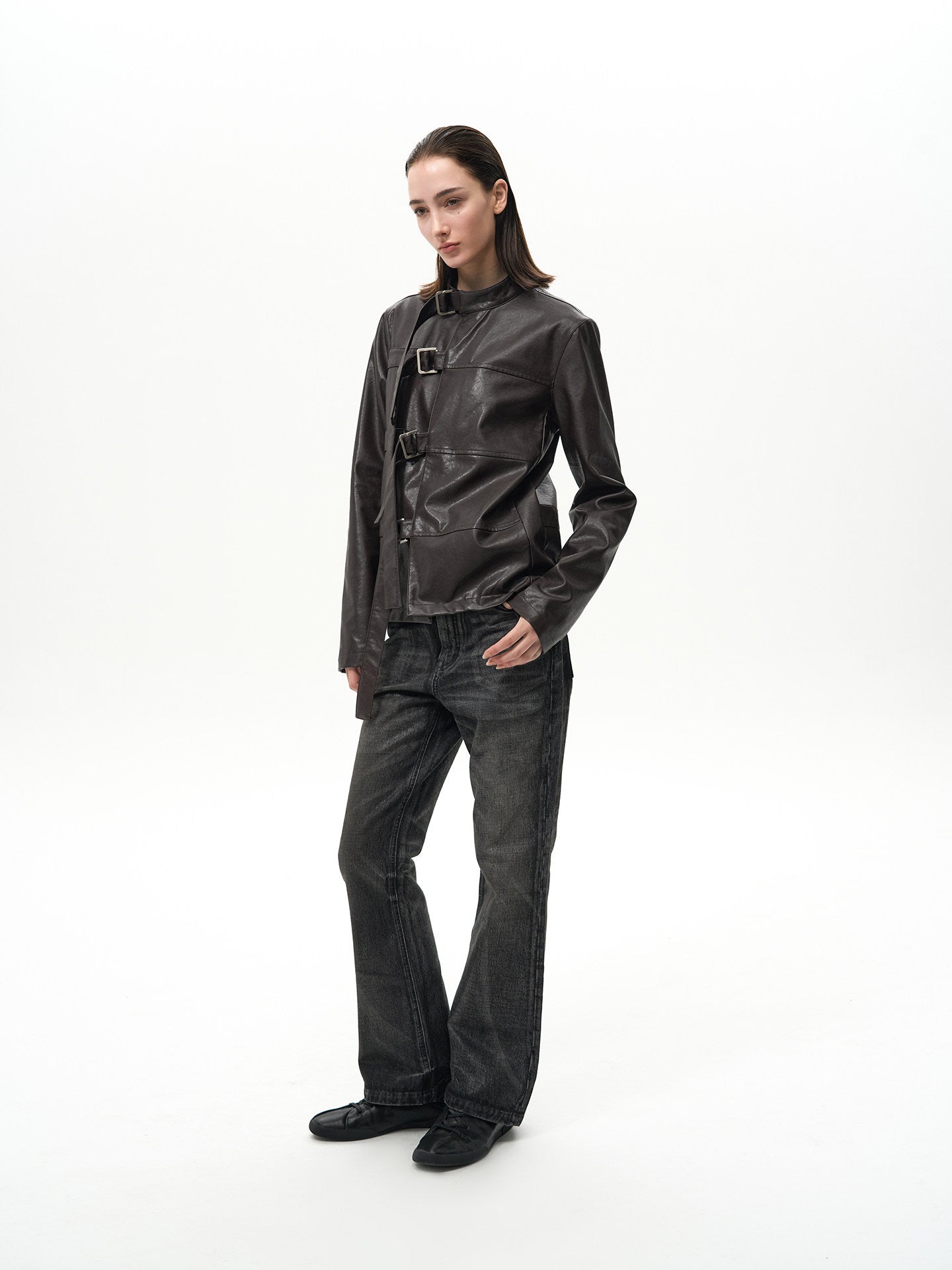 Turtleneck Asymmetrical Leather Jacket