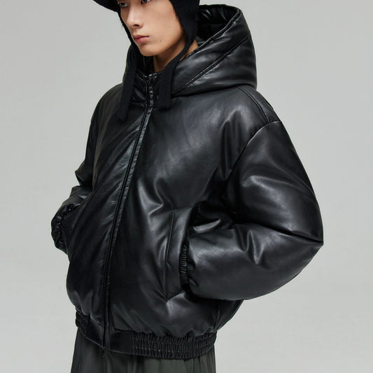 Twisted Wire Hooded Leather Puffer Jacket