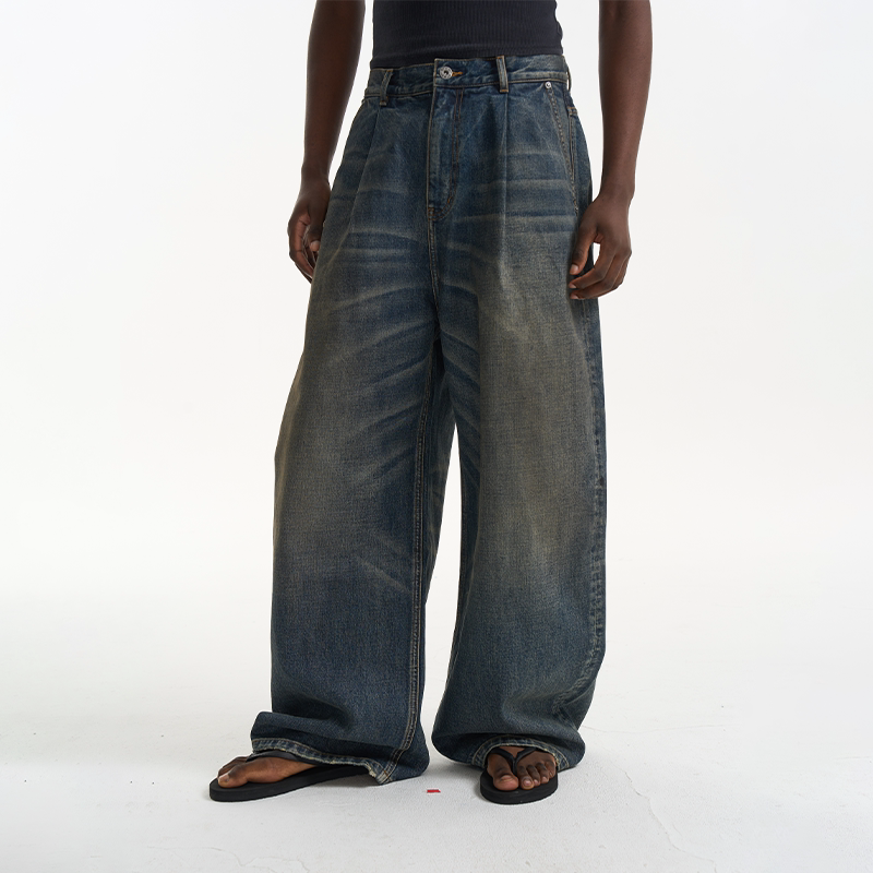 'Ace Pants' pinch pleated washed baggy jeans