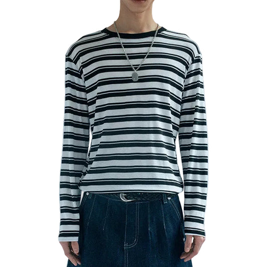 Wide neck striped long-sleeved T-shirt