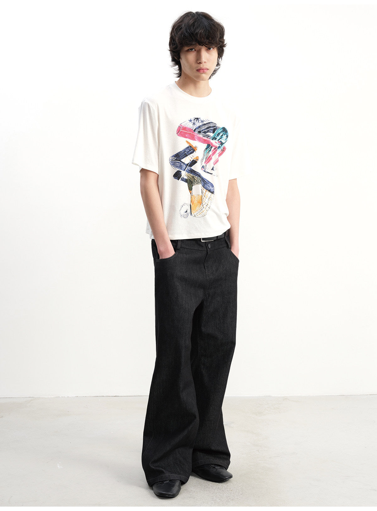 Double-waisted raw cow bootcut jeans