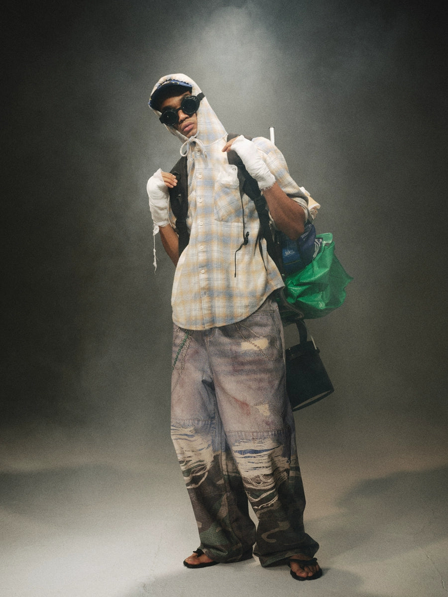 3D Print Camouflage Layered Jeans