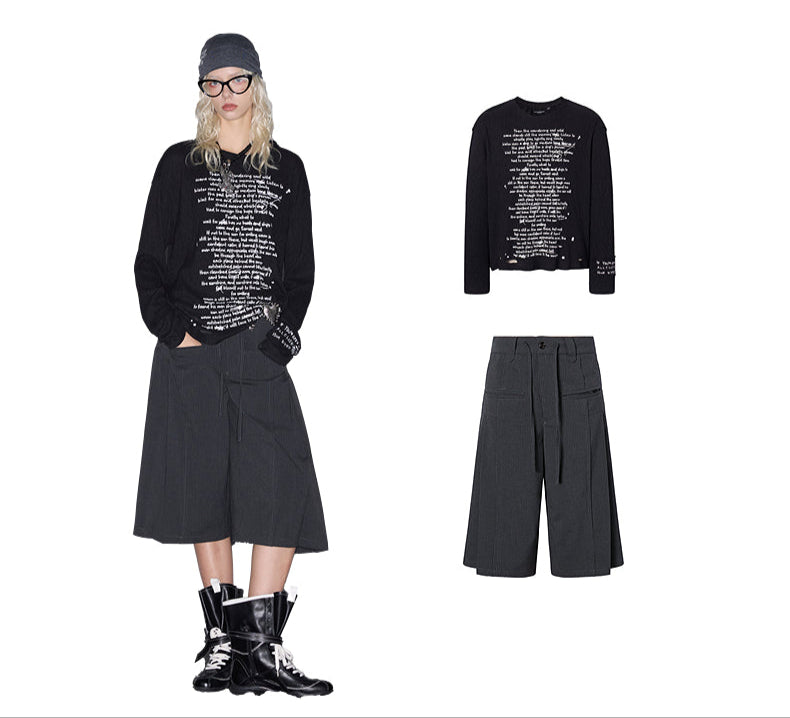 Pleated letter slogan long sleeve T-shirt