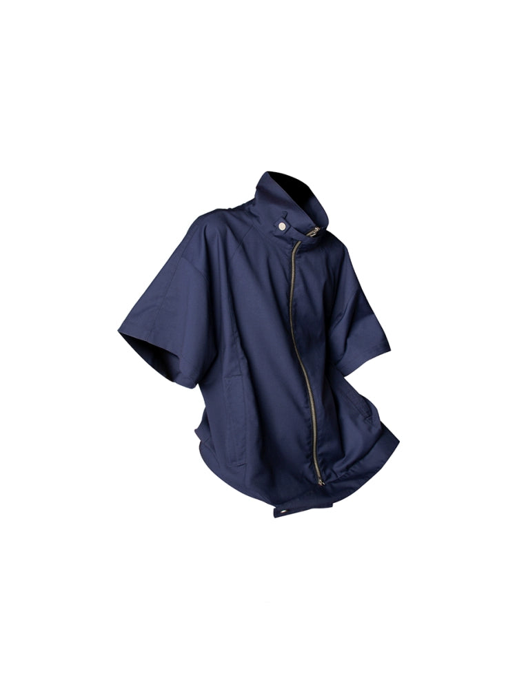 Stand Collar Zip Up Short Sleeve Shirt