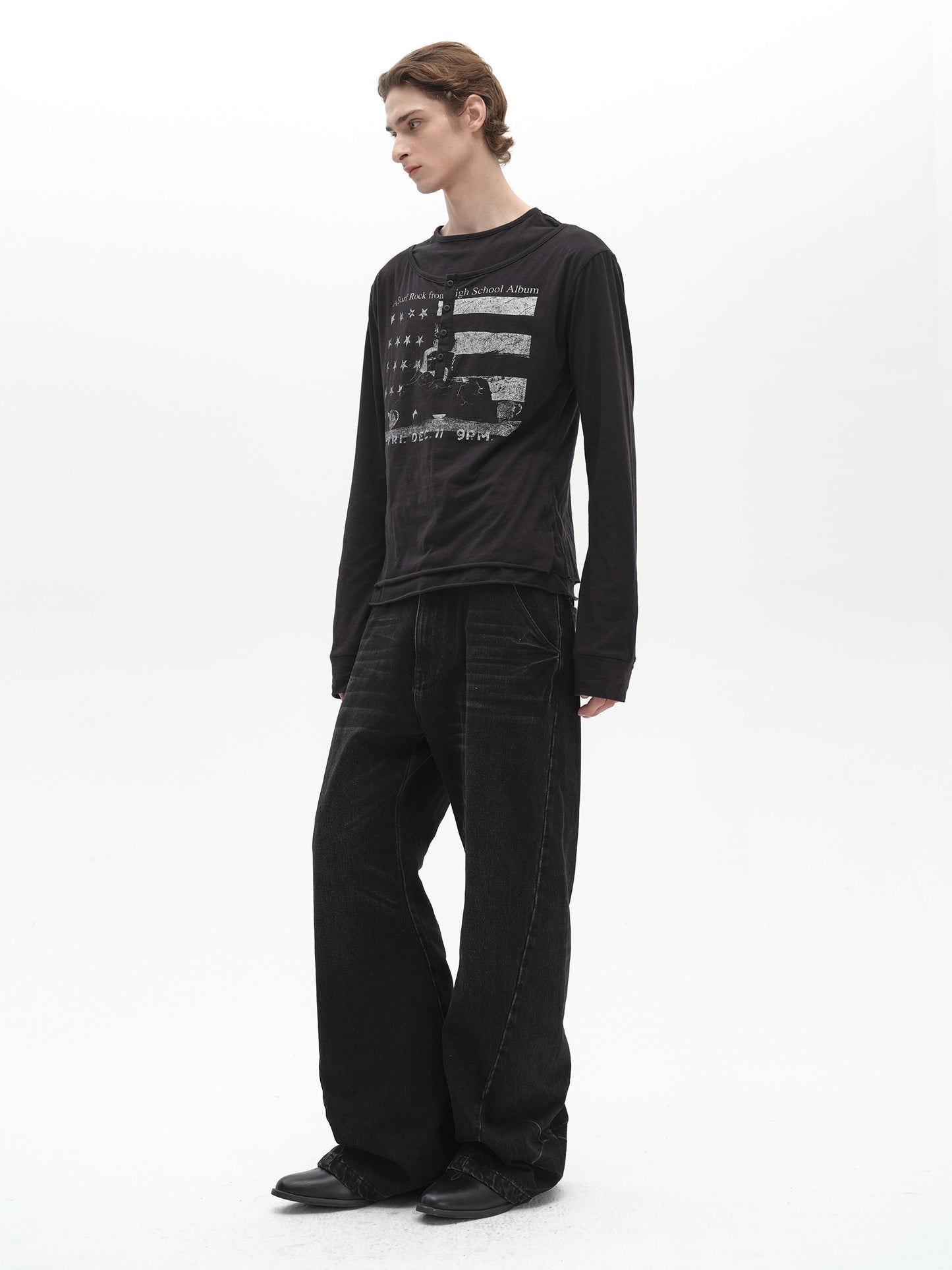 Button Collar Fake layered Star Chess Long Sleeve t-shirt
