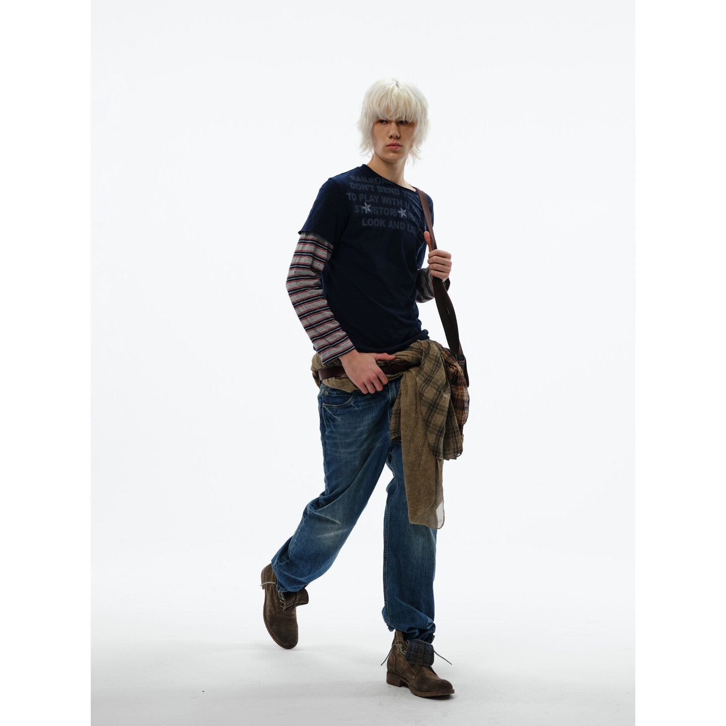 Stripe Stitching Fake Layered Long Sleeve T-Shirt