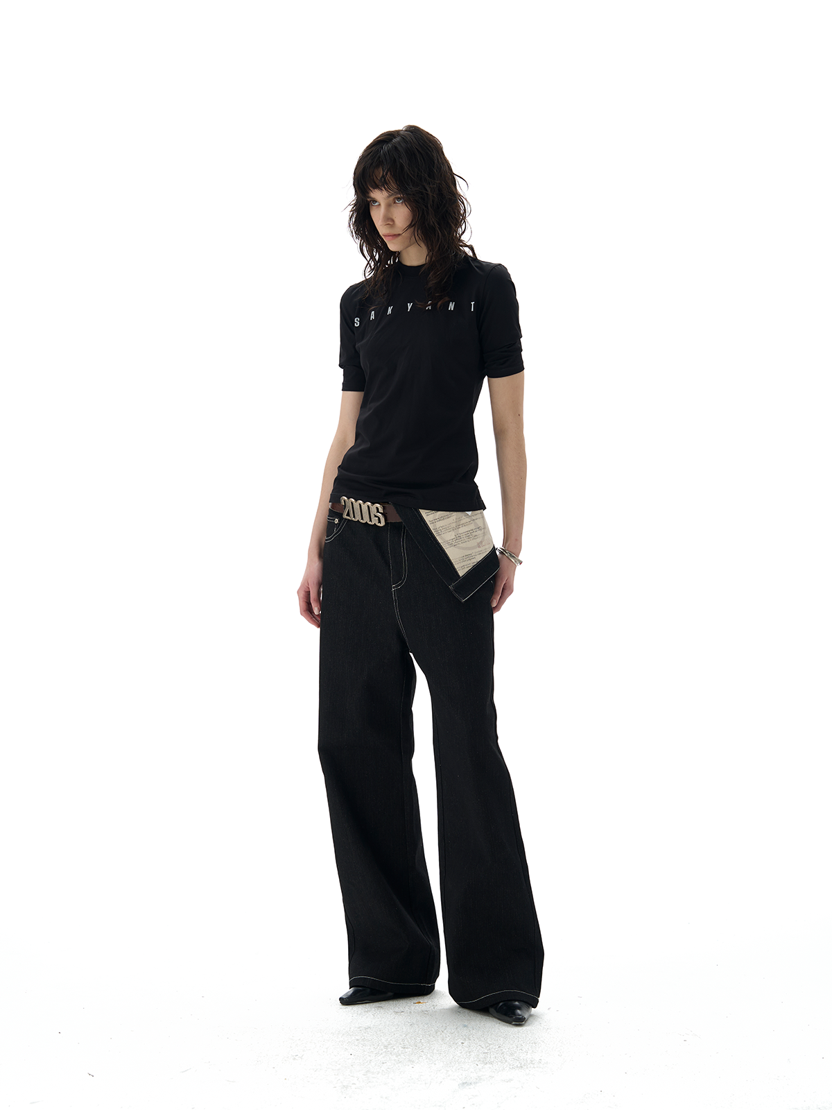 turned-waist black straight-leg jeans