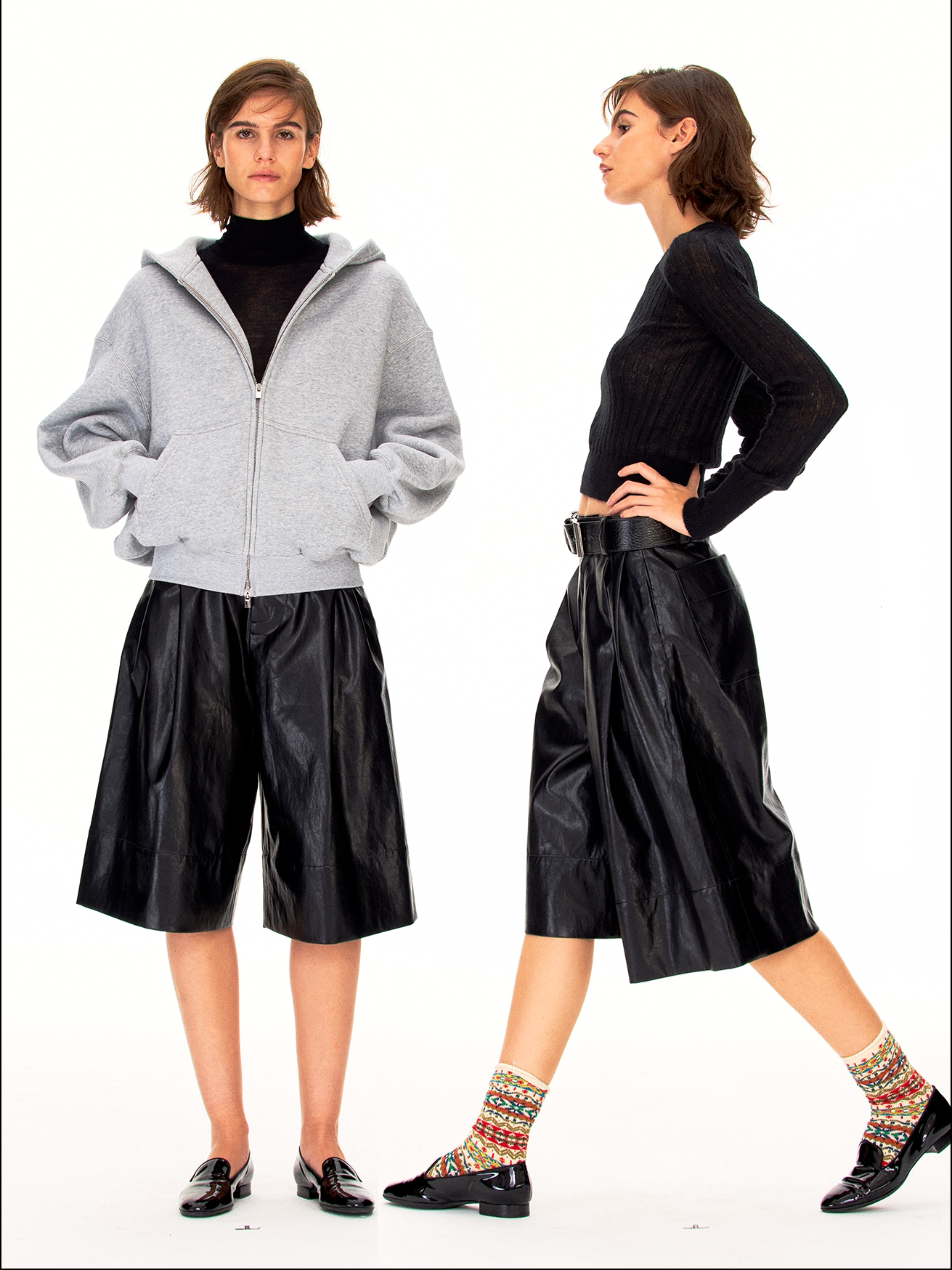 Double-pleated leather wide-leg shorts