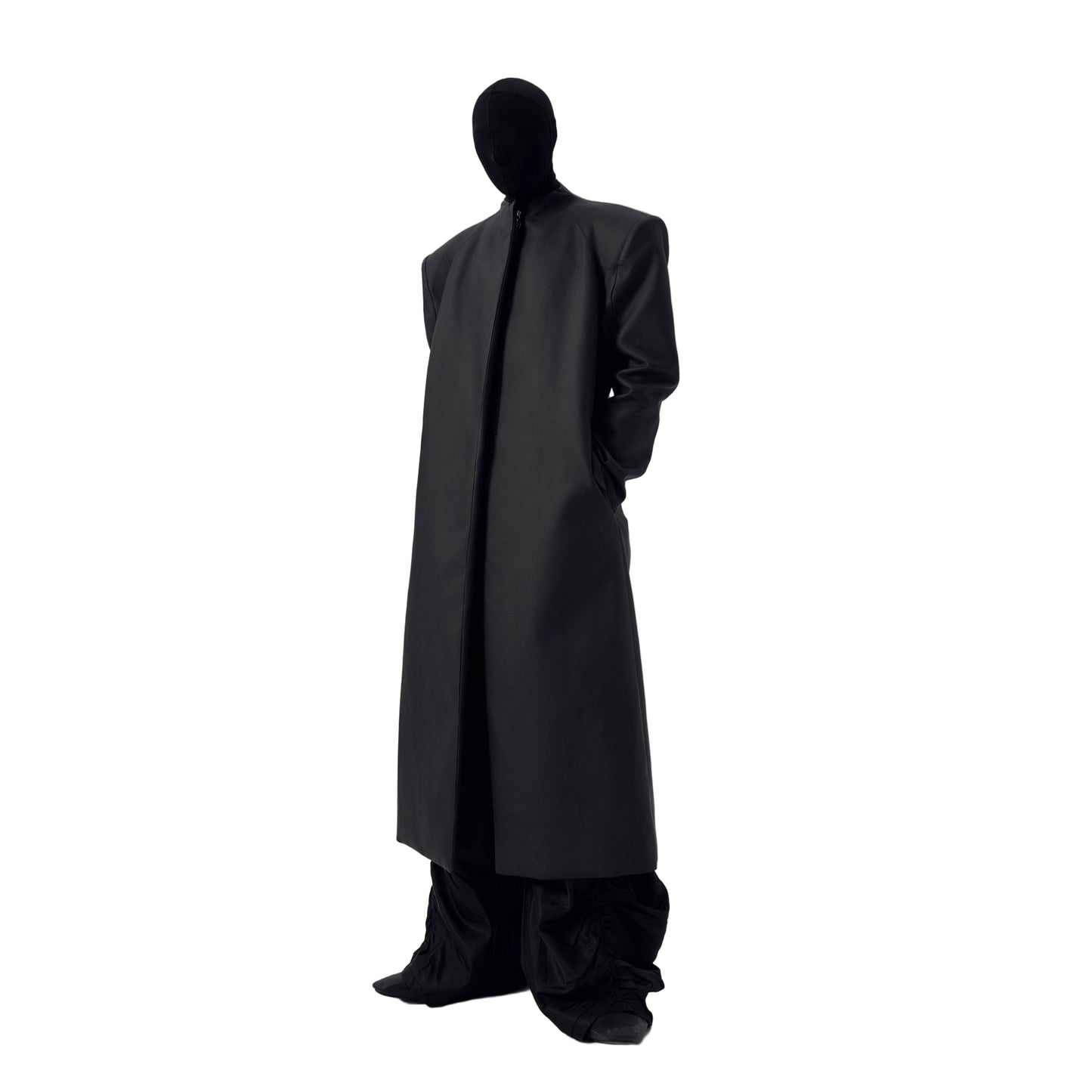 Matte Coated Padded Shoulder Long Trench Coat