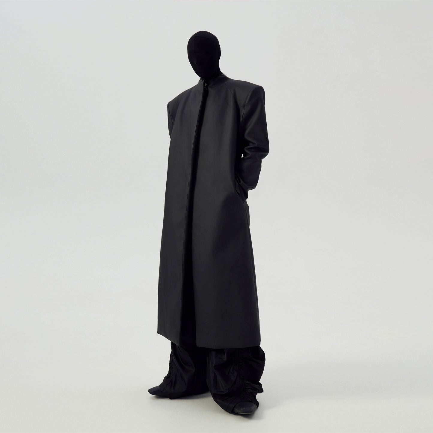 Matte Coated Padded Shoulder Long Trench Coat