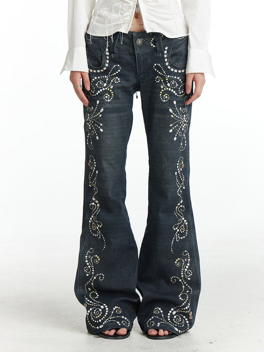 Rhinestone Vintage Pattern Flared Jeans