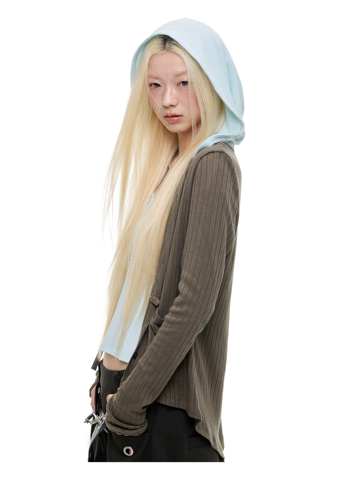 Fake layered hooded knit cardigan