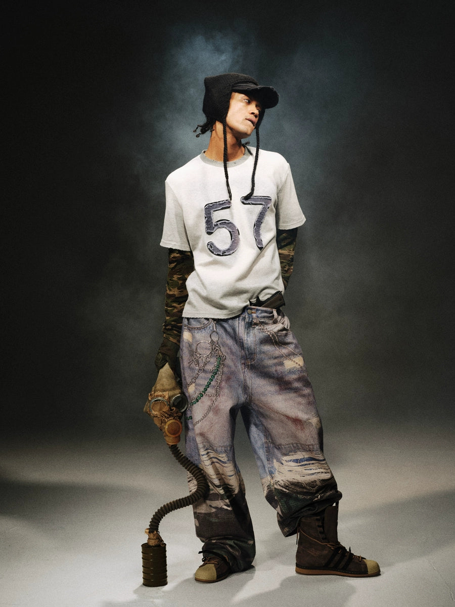3D Print Camouflage Layered Jeans