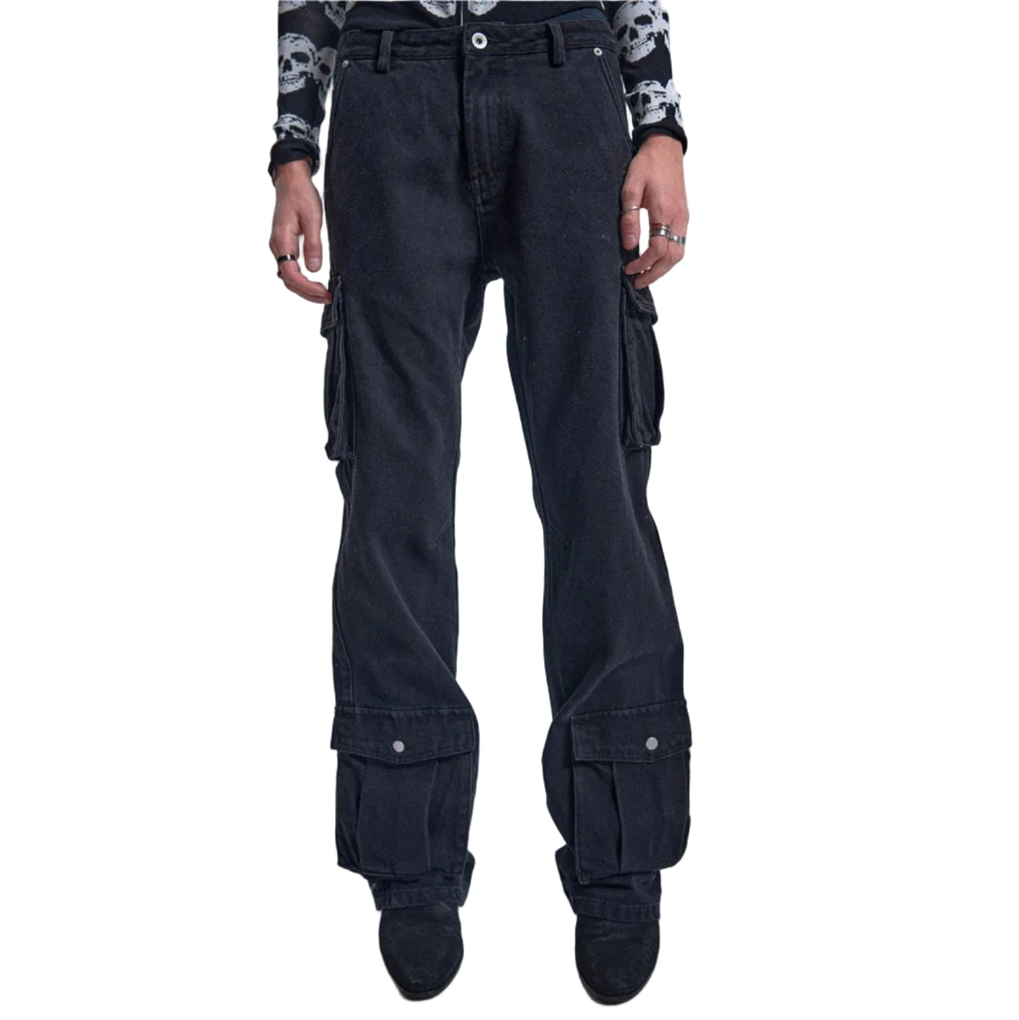embroidered black distressed washed slim-fit bootcut denim overalls