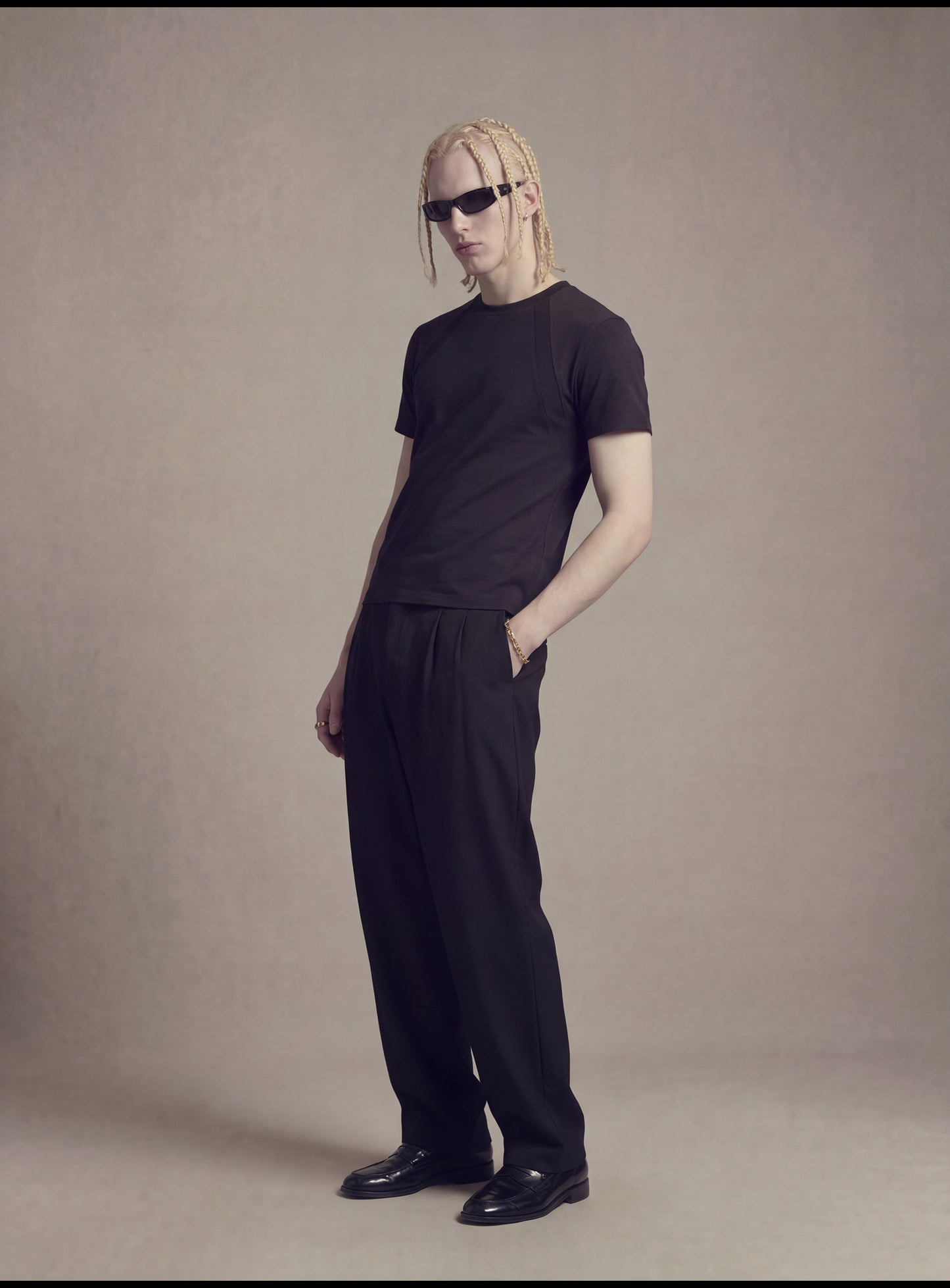 2-line patchwork short-sleeve T-shirt