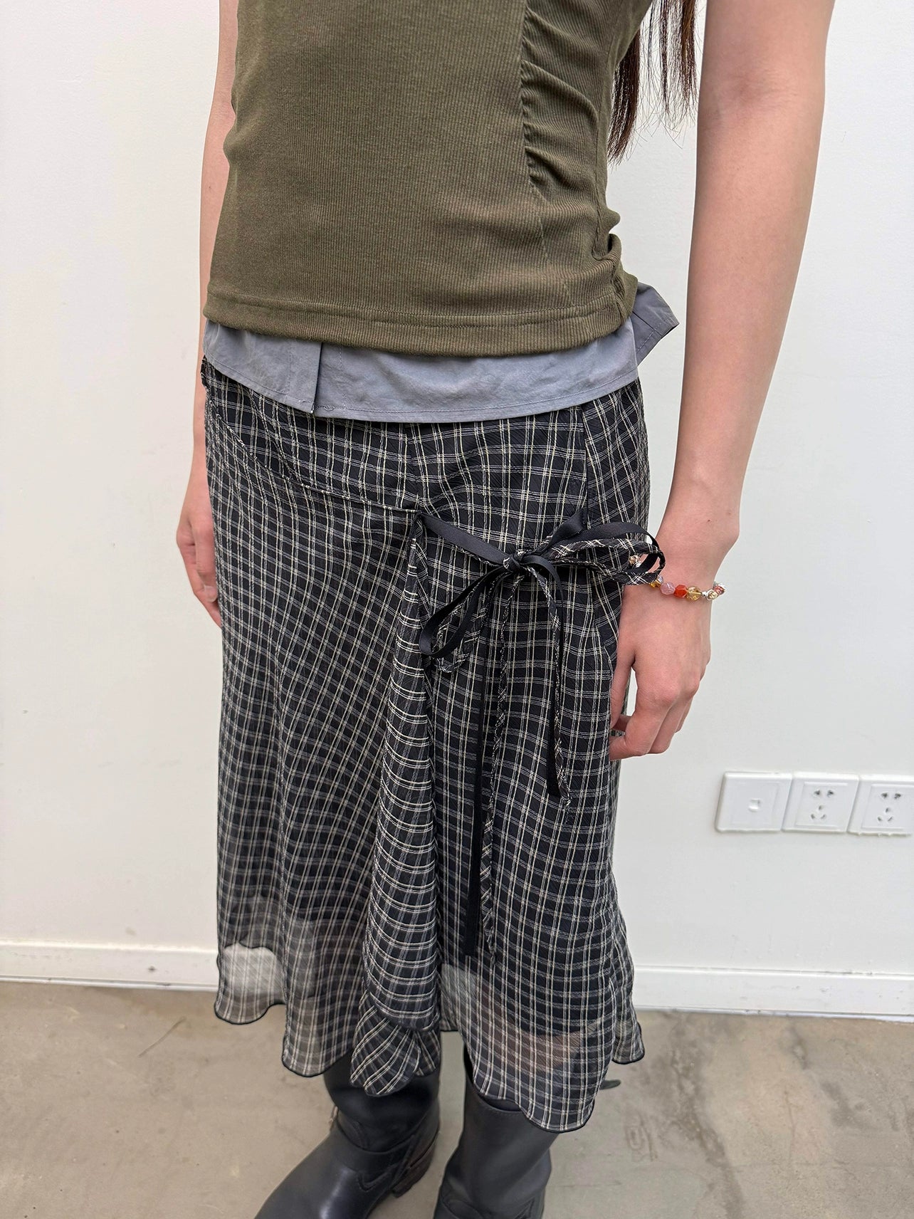 PANELLED DOUBLE-TIERED CHECKED SKIRT
