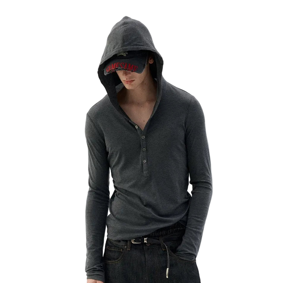 Hooded Henley Collar long-sleeve T-shirt