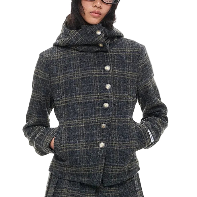 Wool Plaid Irregular Hooded Short Jacket