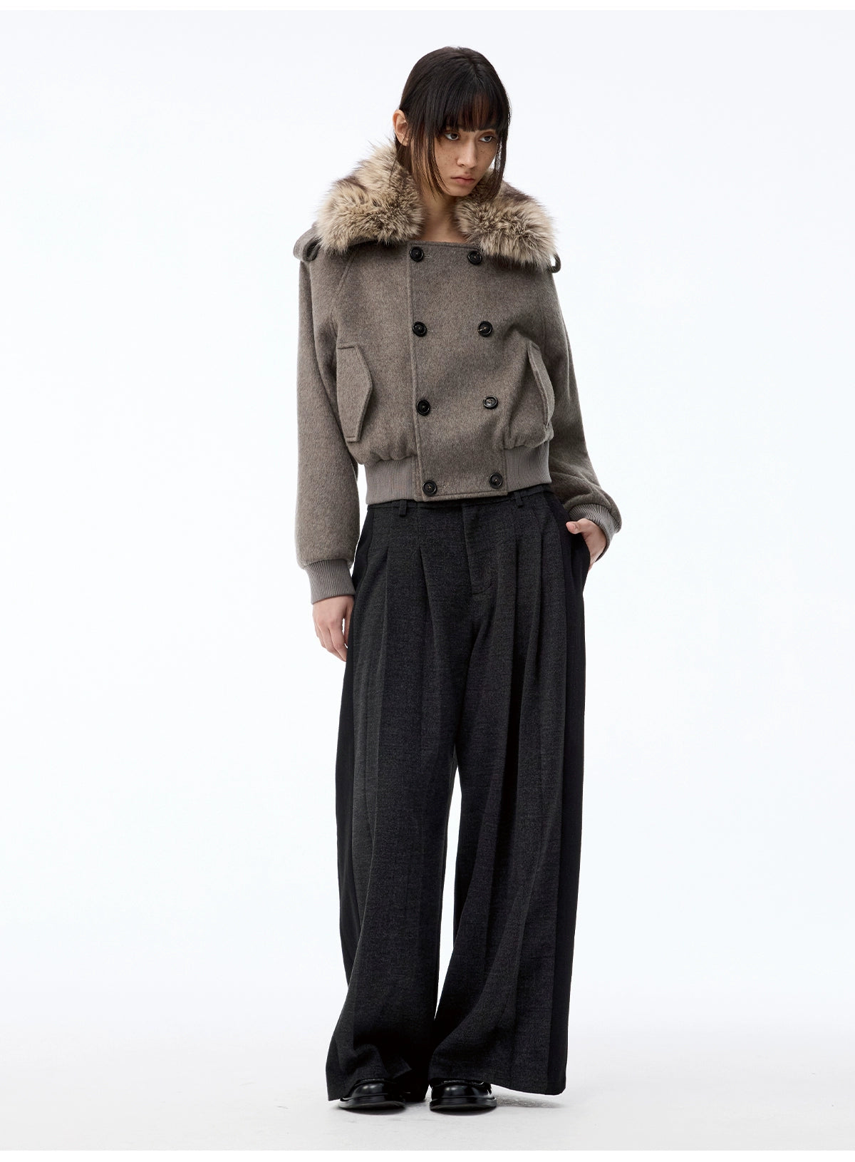 Paneled Pleated Straight Wool Trouer