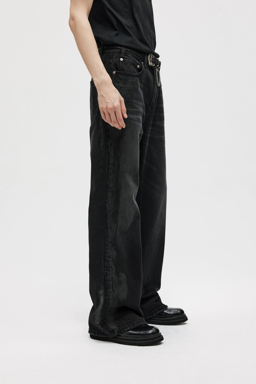 BLACK COATED BOOTCUT JEANS