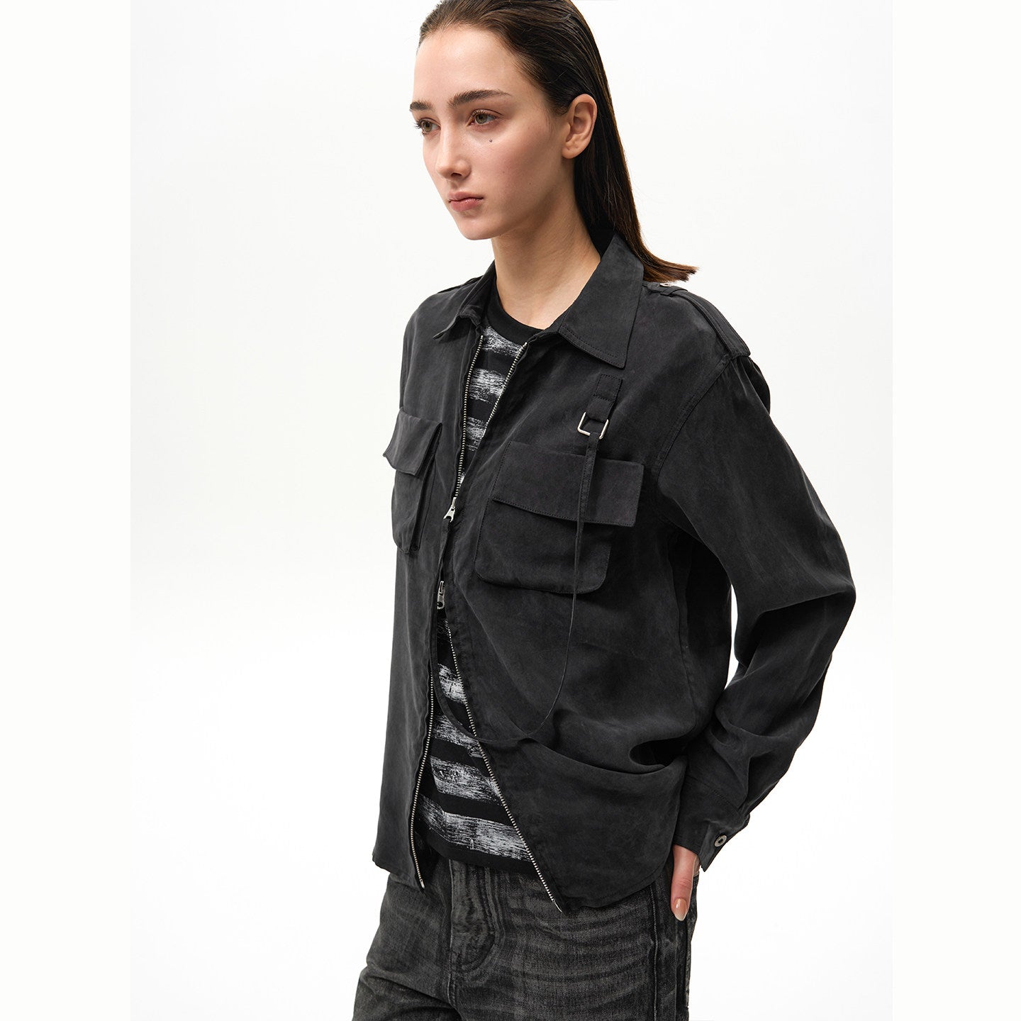 Zipper Military Long Sleeve Shirt