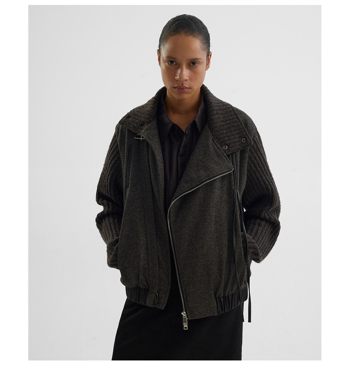 Floral Tweed Slanted Leather Cord Jacket