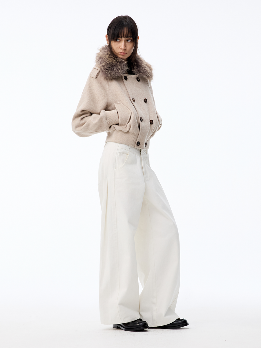 Detachable Fur Collar Double-breasted Cropped Tweed Jacket