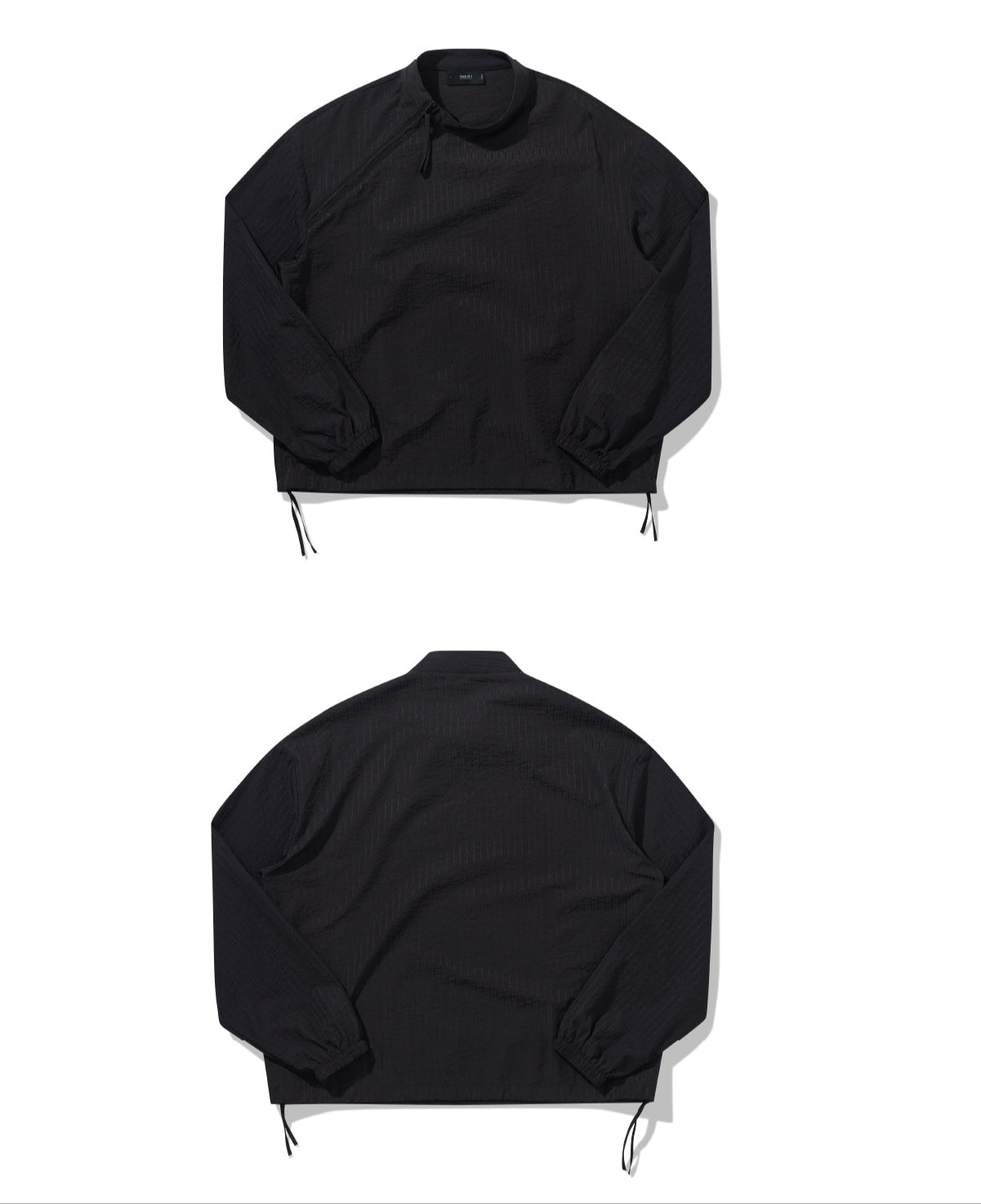 Two-tone striped textured bias neckline zip-up shirt