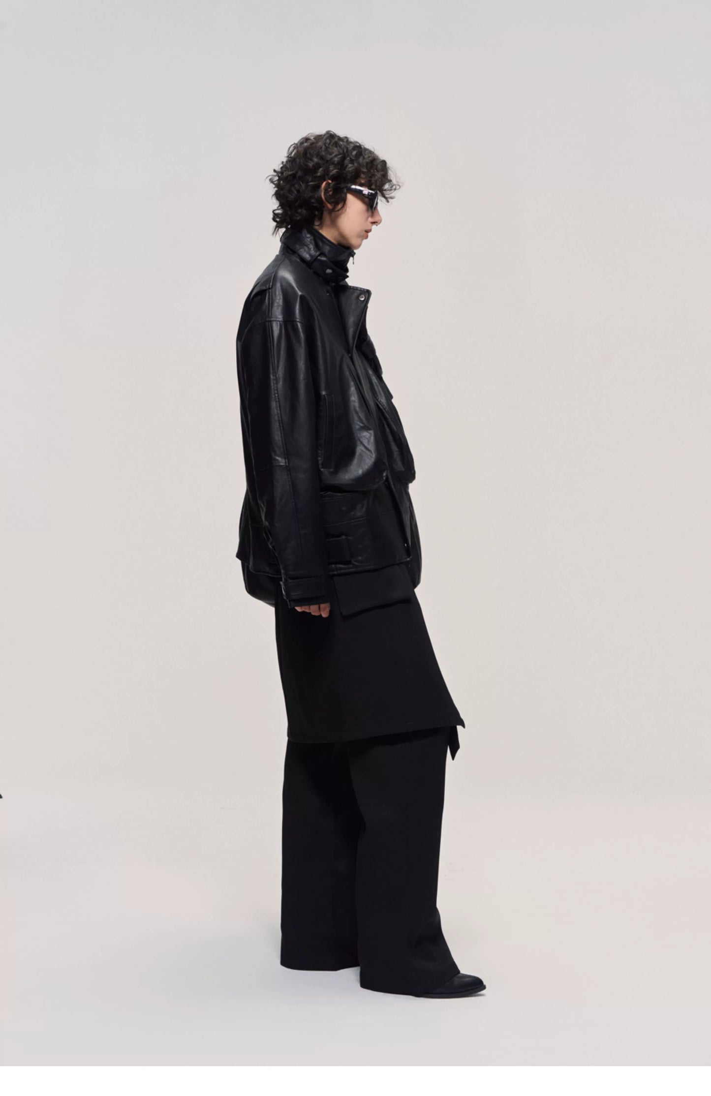 Washed Stand-Collar Leather Jacket