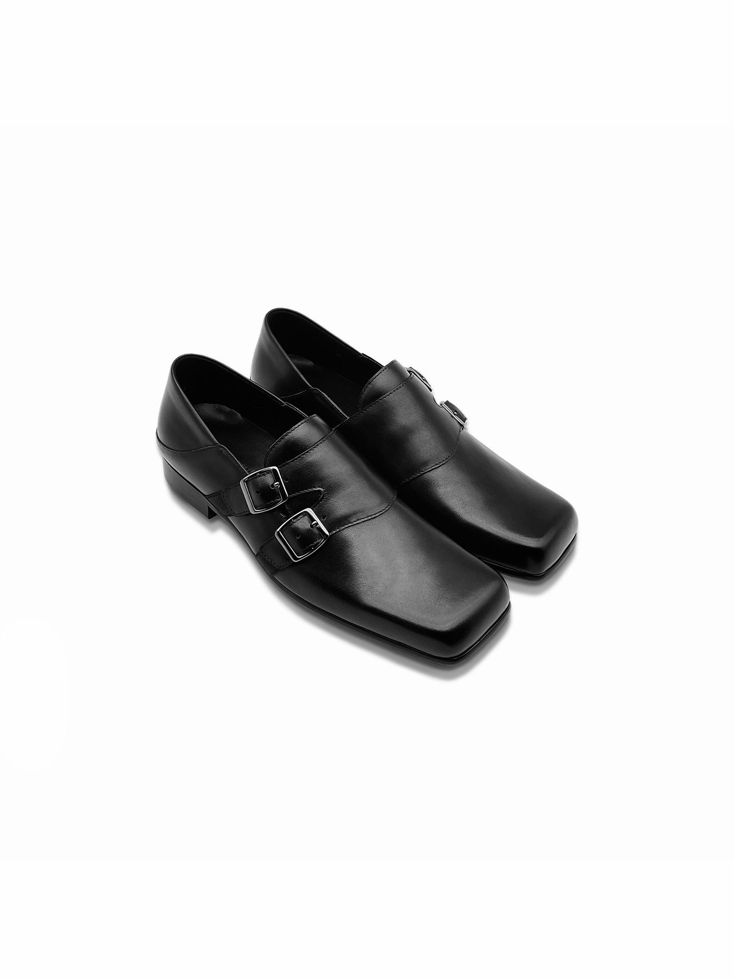 Square toe leather buckle shoes